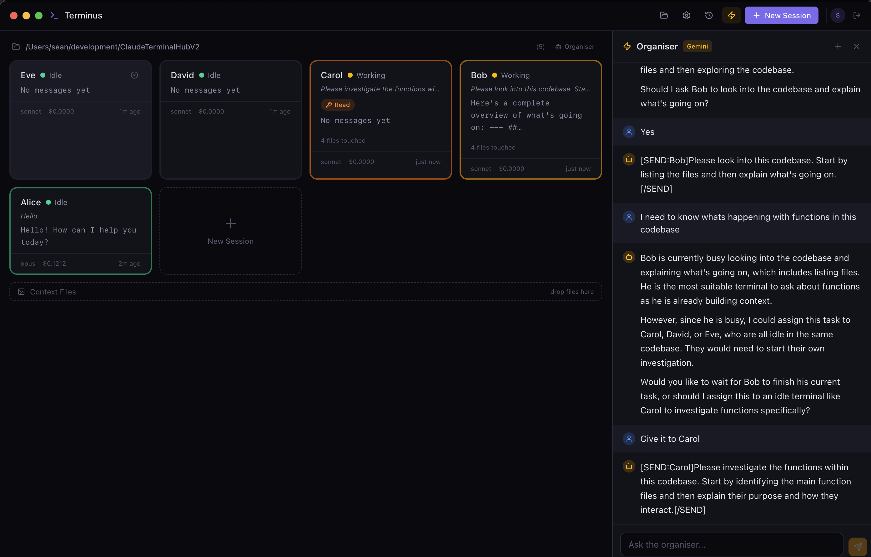 Terminus dashboard with multiple Claude Code sessions and AI Organiser